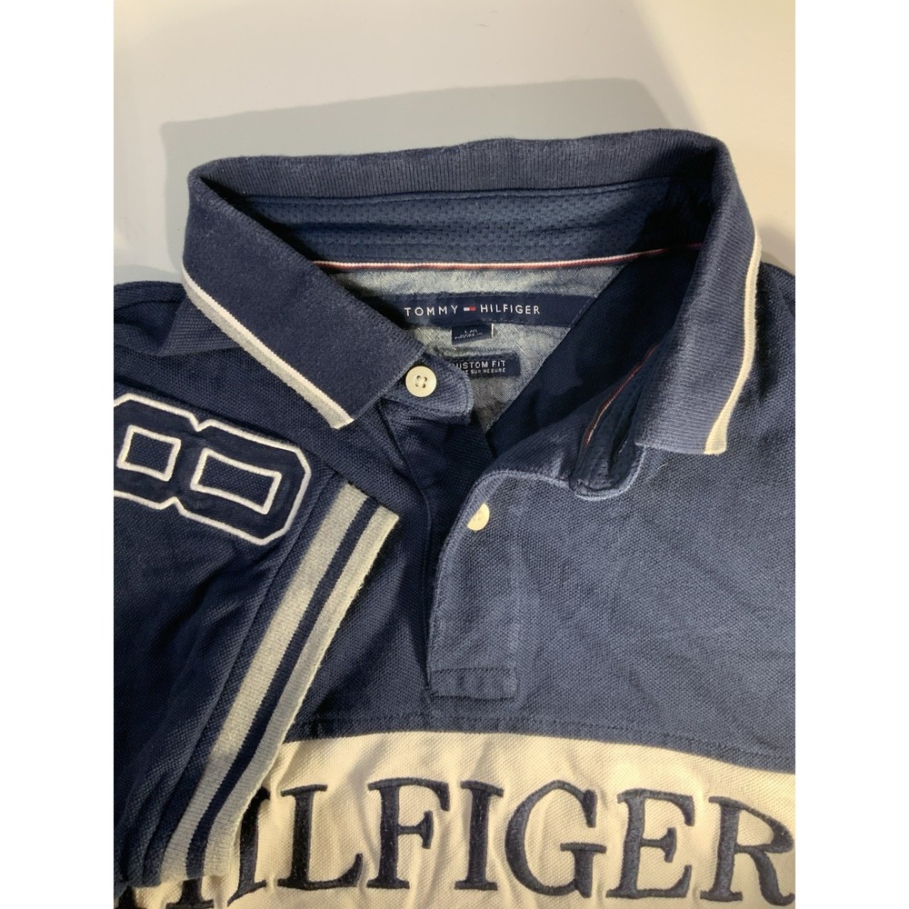 Tommy Hilfiger Mens L Hilfiger Chest Spell‎ Out 85 Polo Golf Navy White Gray